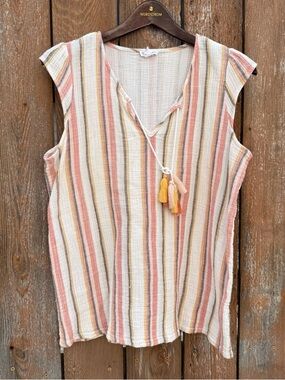 TRIBAL JEANS Women’s Cream Pink Striped Cap Sleeve V Neck Tassel Cotton Large